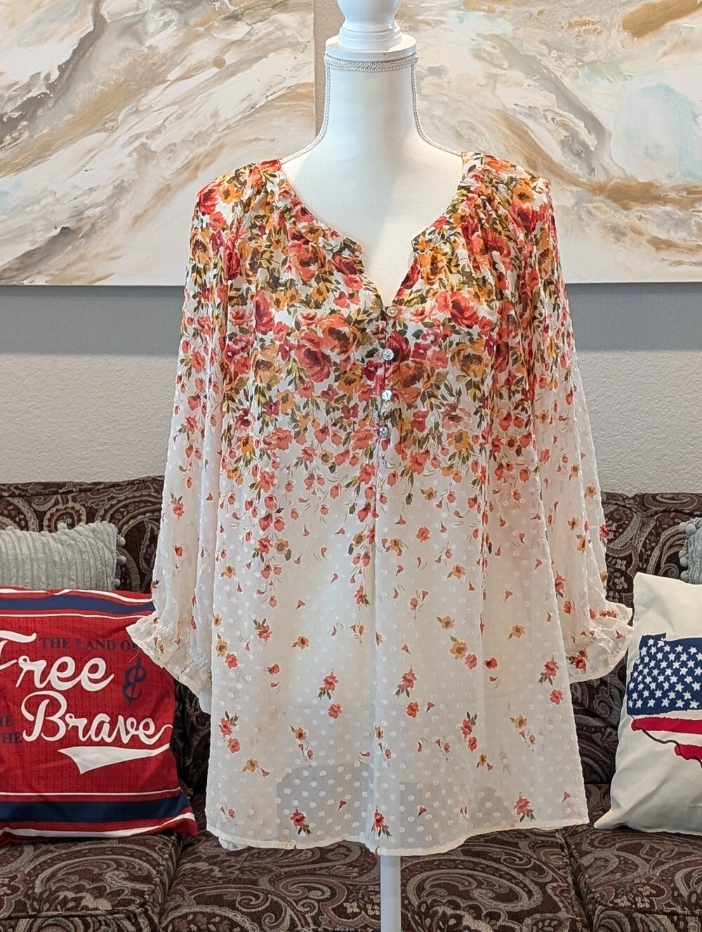Floral Sheer Peasant Blouse - Cream with Coral & Olive Floral Print